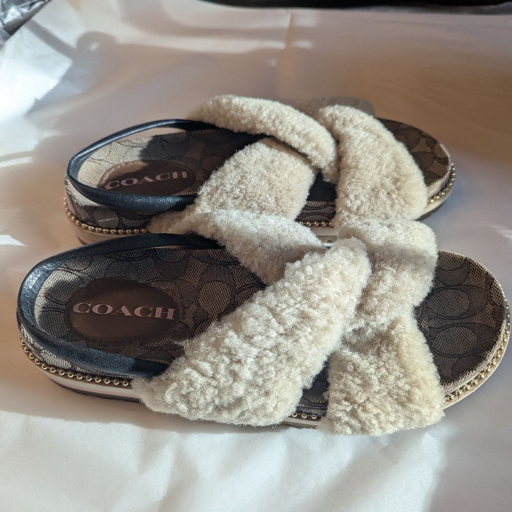 Coach Women's 8B Tally Beige Fuzzy Slippers With Beads - Picture 2 of 10